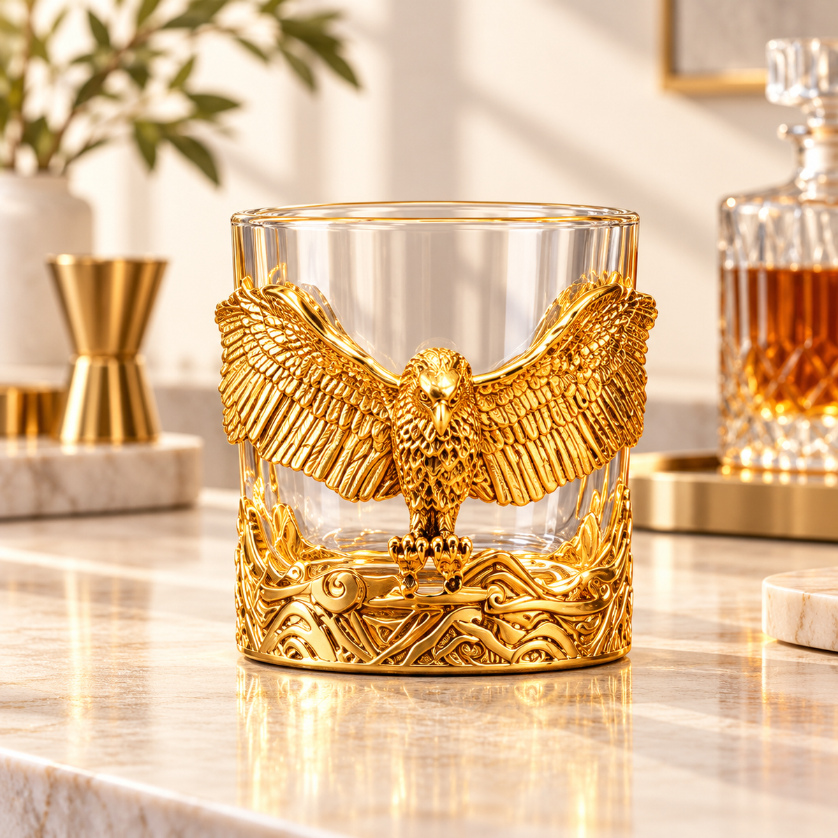Aura & Hues Feng Shui Majestic Eagle Whiskey Glass 300ml - Gold Embossed Barware