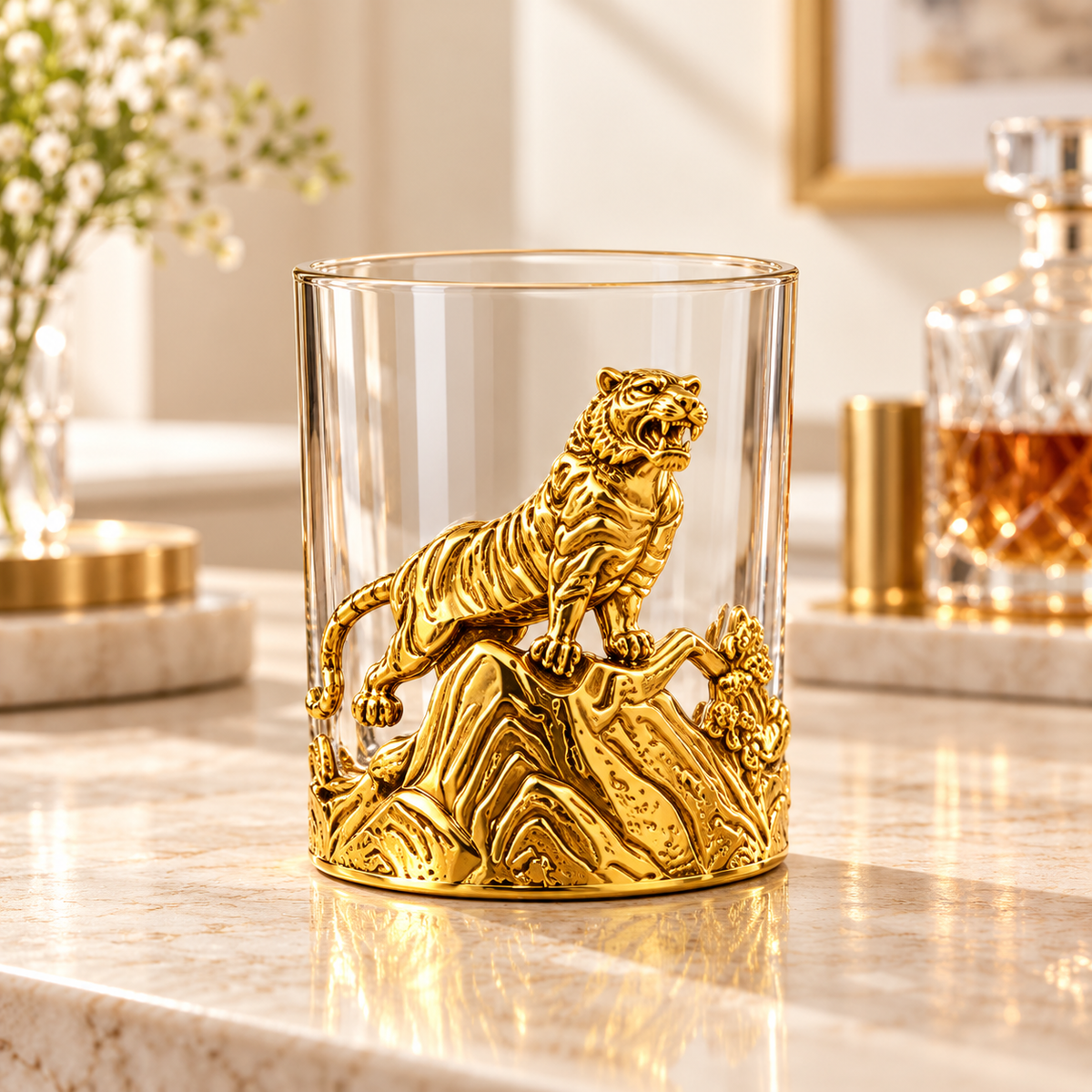 Aura & Hues Luxury Galloping Tiger Whiskey Glass 300ml - Gold Embossed Barware