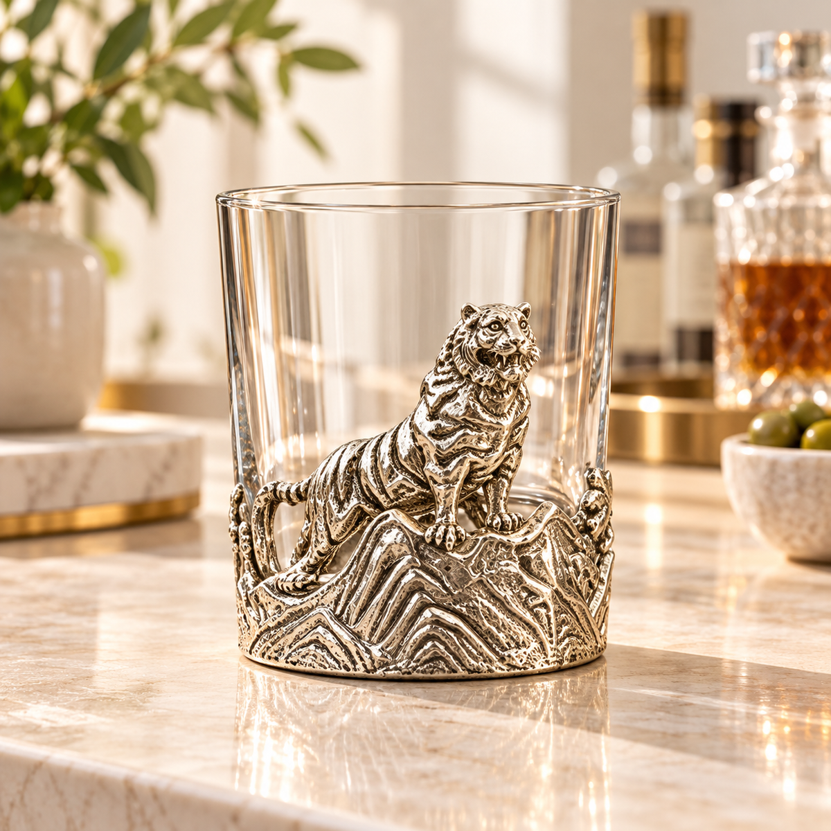 Aura & Hues Luxury Galloping Tiger Whiskey Glass 300ml - Silver Embossed Barware