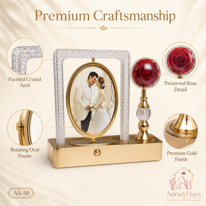 Premium craftsmanship details – faceted crystal arch, rotating oval frame, preserved rose, gold finish
