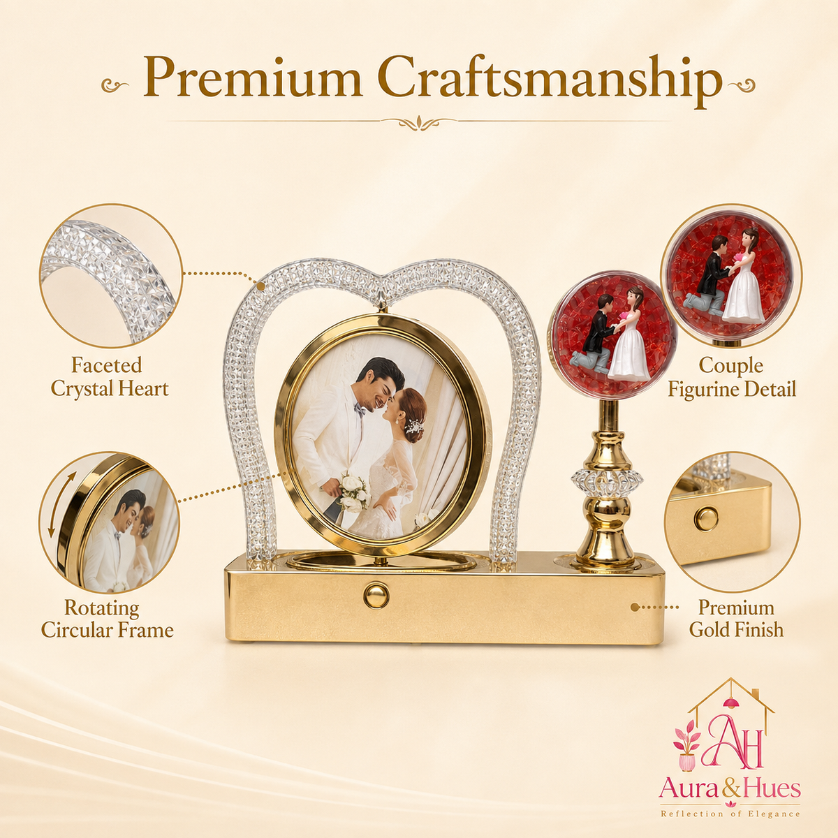 Premium craftsmanship details - faceted crystal heart, rotating frame, gold finish