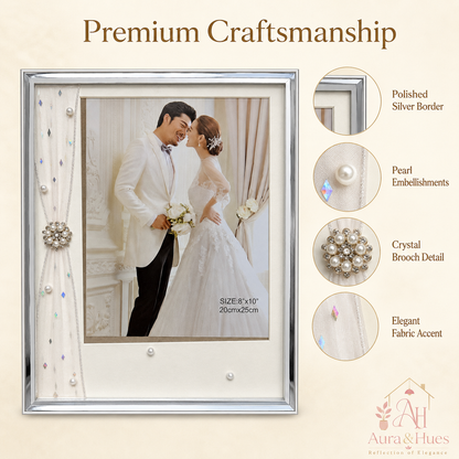 Premium craftsmanship – polished silver border, pearl embellishments, crystal brooch