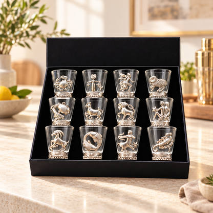 Aura & Hues 12-Piece Zodiac Sign Silver Whiskey Glass Set - 300ml Luxury Barware