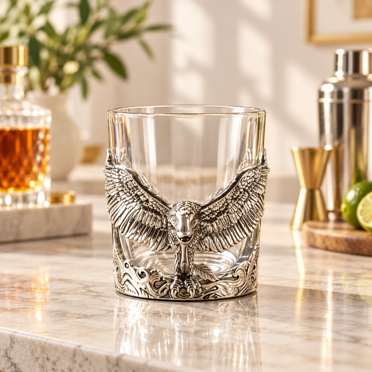 Aura & Hues Feng Shui Majestic Eagle Whiskey Glass 300ml - Silver Embossed Barware