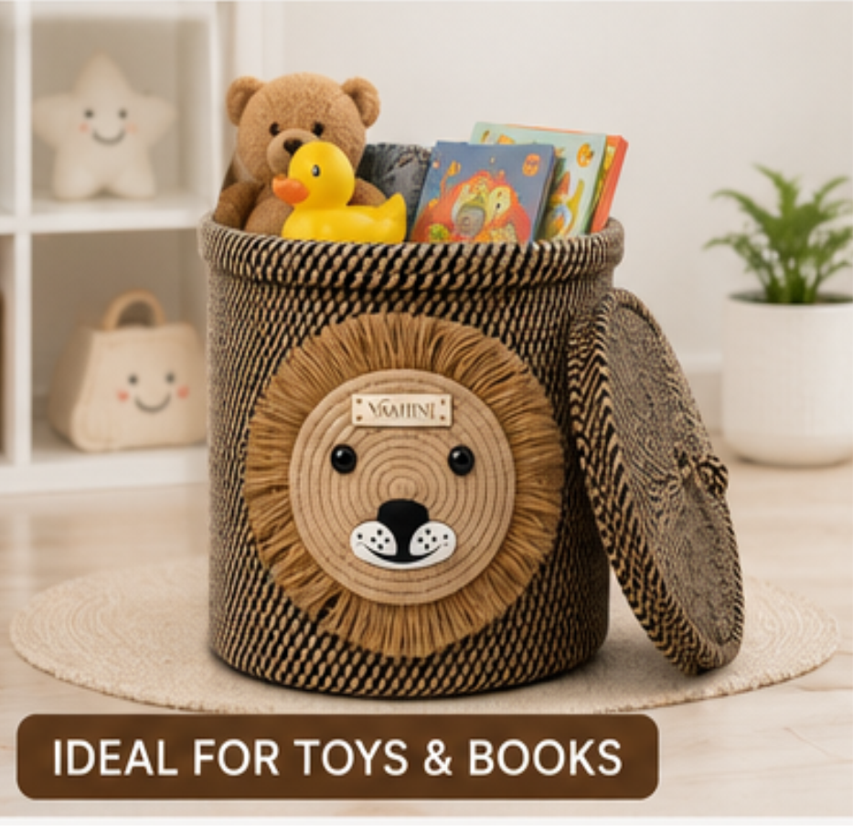 Vaahini Cotton Rope Yellow Lion Face Basket with lid