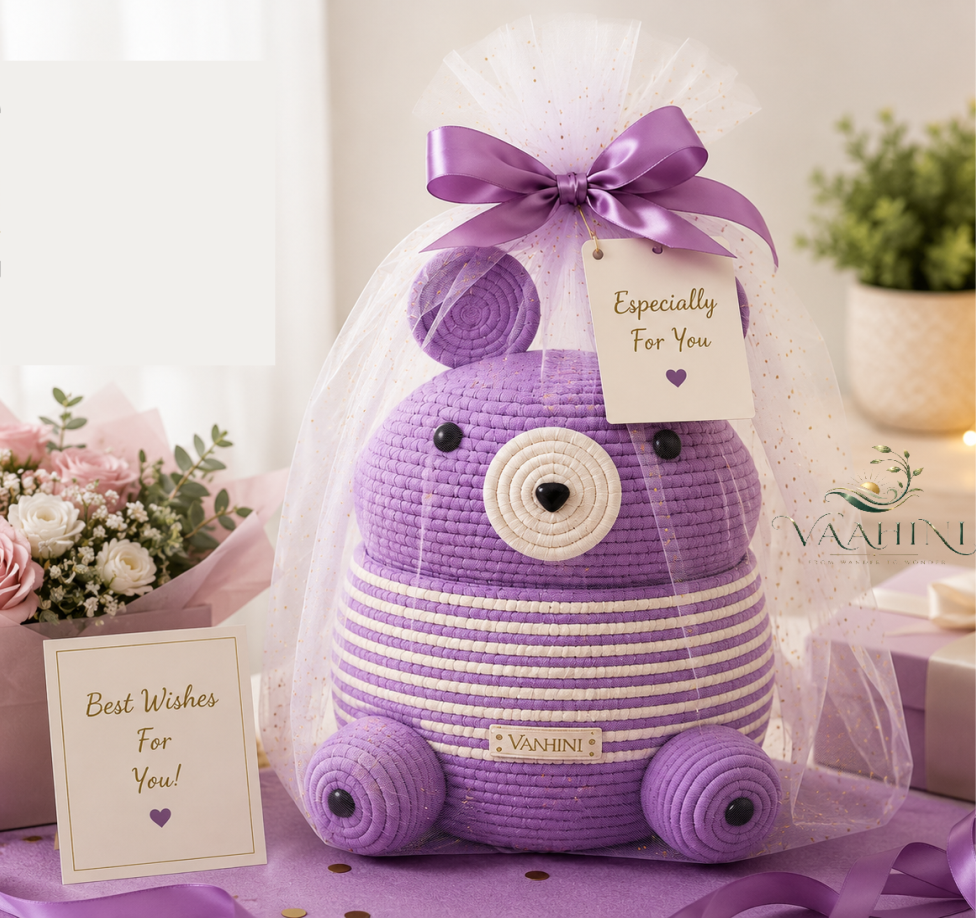 Vaahini Cotton Rope Big Teddy Basket with Lid - Purple