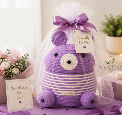 Vaahini Cotton Rope Big Teddy Basket with Lid - Purple