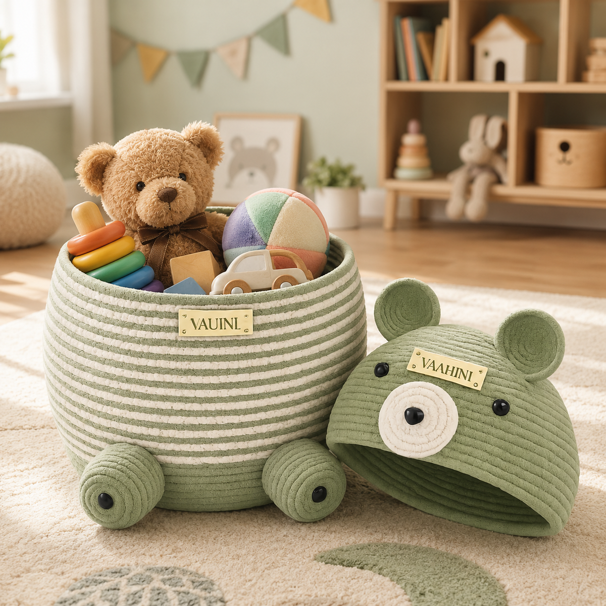 Vaahini Cotton Rope Big Teddy Basket with Lid – Pista Green