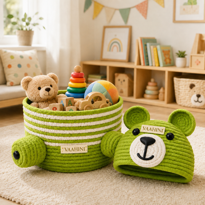 Vaahini Cotton Rope Teddy Basket with Lid - Parrot Green (Small)