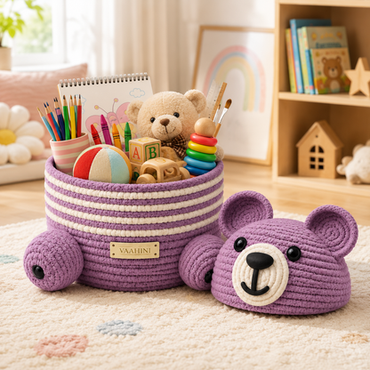 Vaahini Cotton Rope Teddy Basket with Lid - Purple (Small)