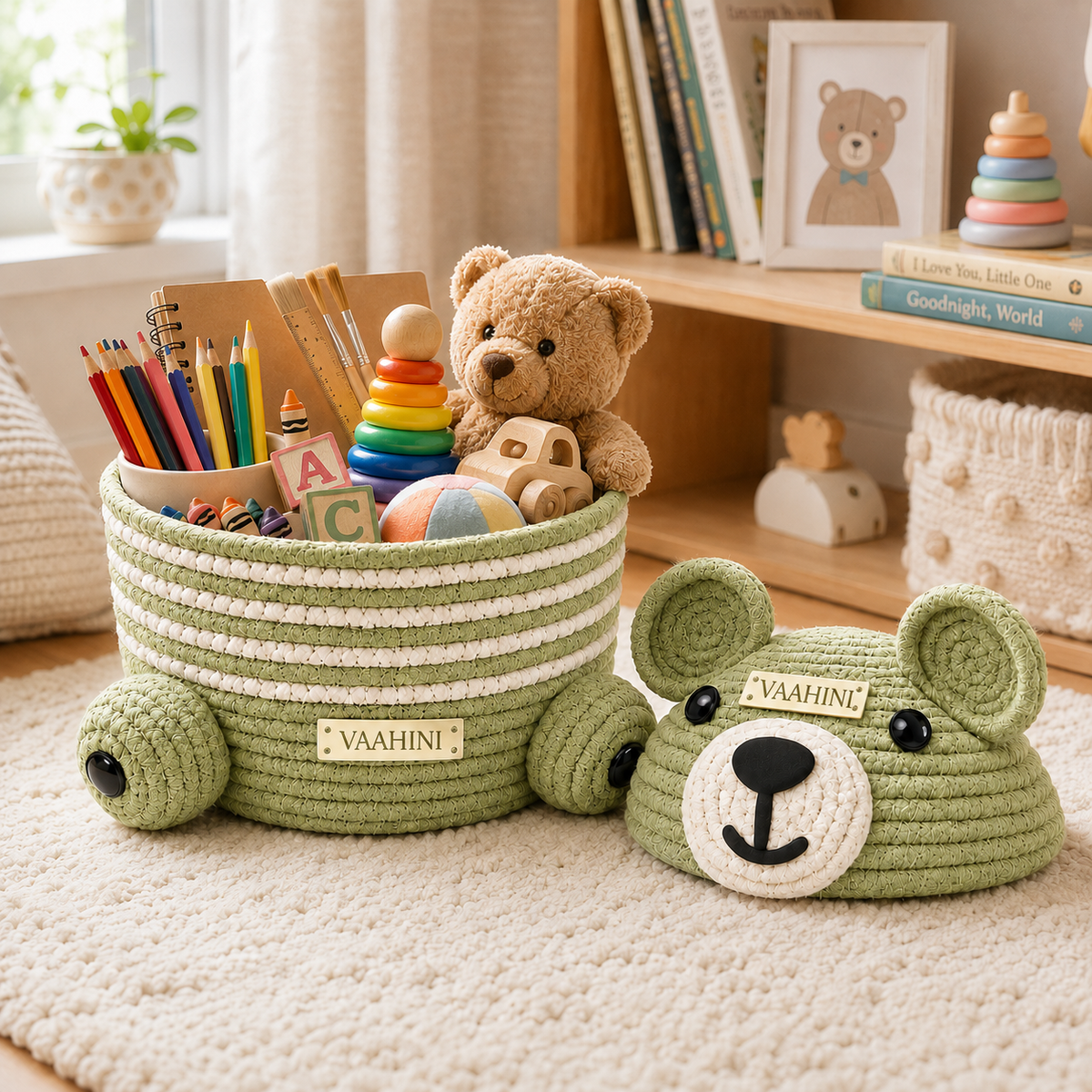 Vaahini Cotton Rope Teddy Basket with Lid - Small (Pista Green)