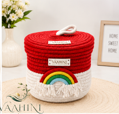 Vaahini Rainbow Handmade Cotton Rope Storage Basket with Lid | Red & White