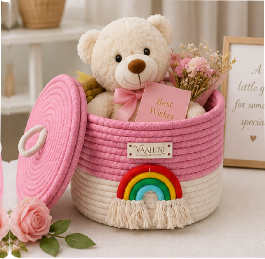 Vaahini Rainbow Cotton Rope Dual Color Basket with Lid | Pink & White