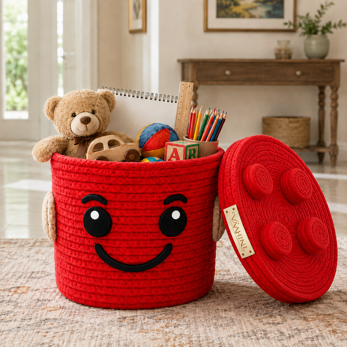 Vaahini Cotton Rope Smiley Basket with Lego Lid