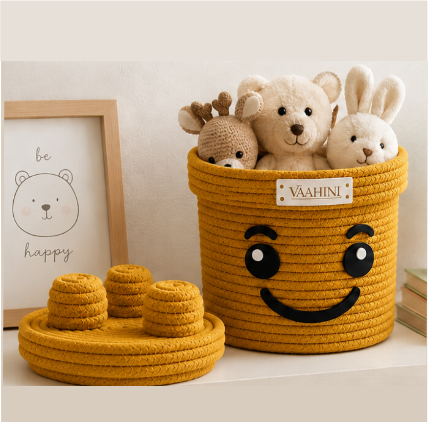 Vaahini Cotton Rope Smiley Basket with Lego Lid | Mustard