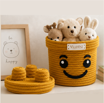 Vaahini Cotton Rope Smiley Basket with Lego Lid | Mustard