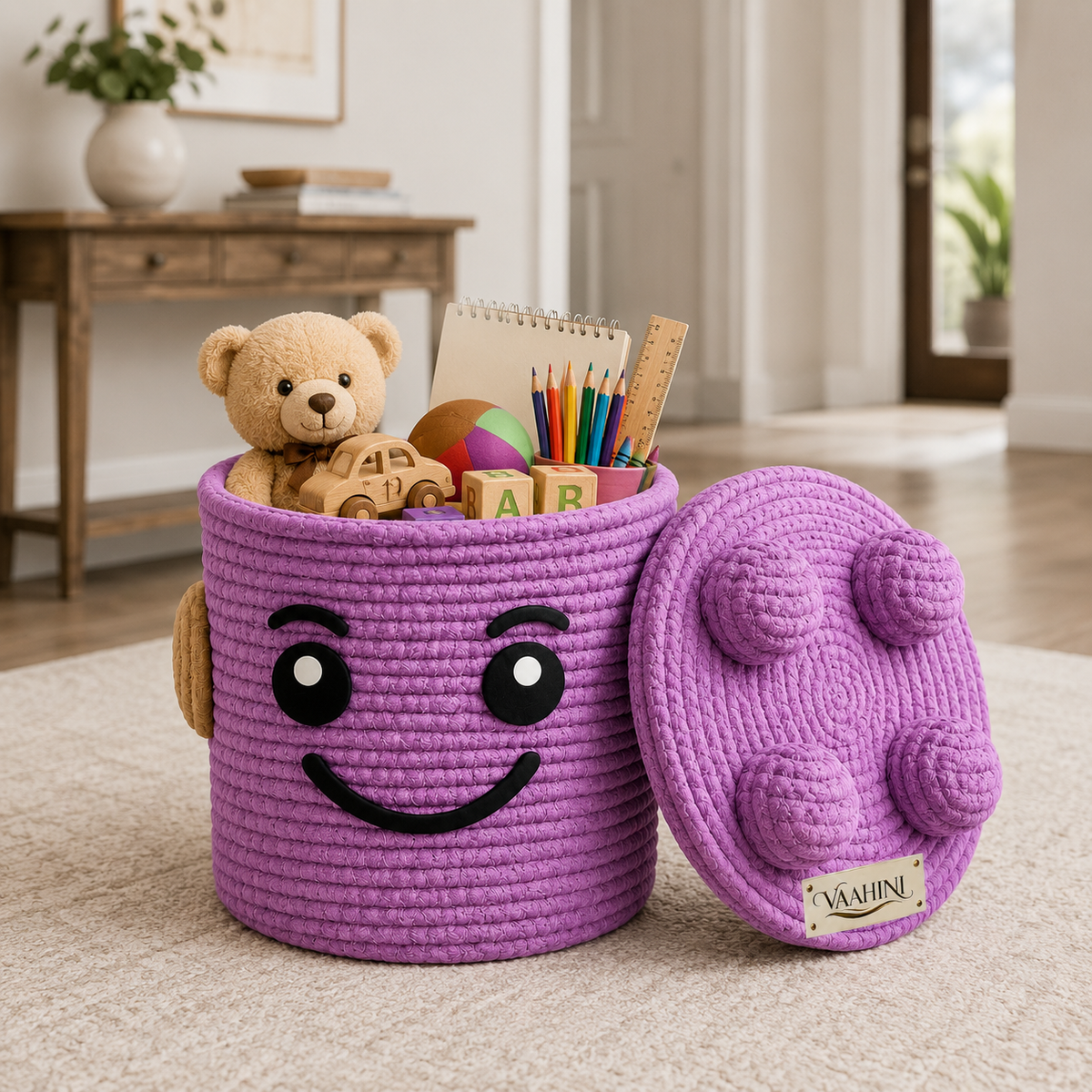 Vaahini Cotton Rope Smiley Basket with Lego Lid
