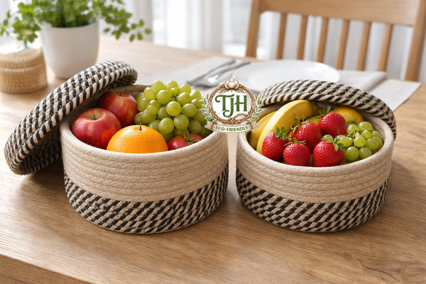 Beautiful Elegant Handmade Cotton Rope Round Lid Basket Combo Set