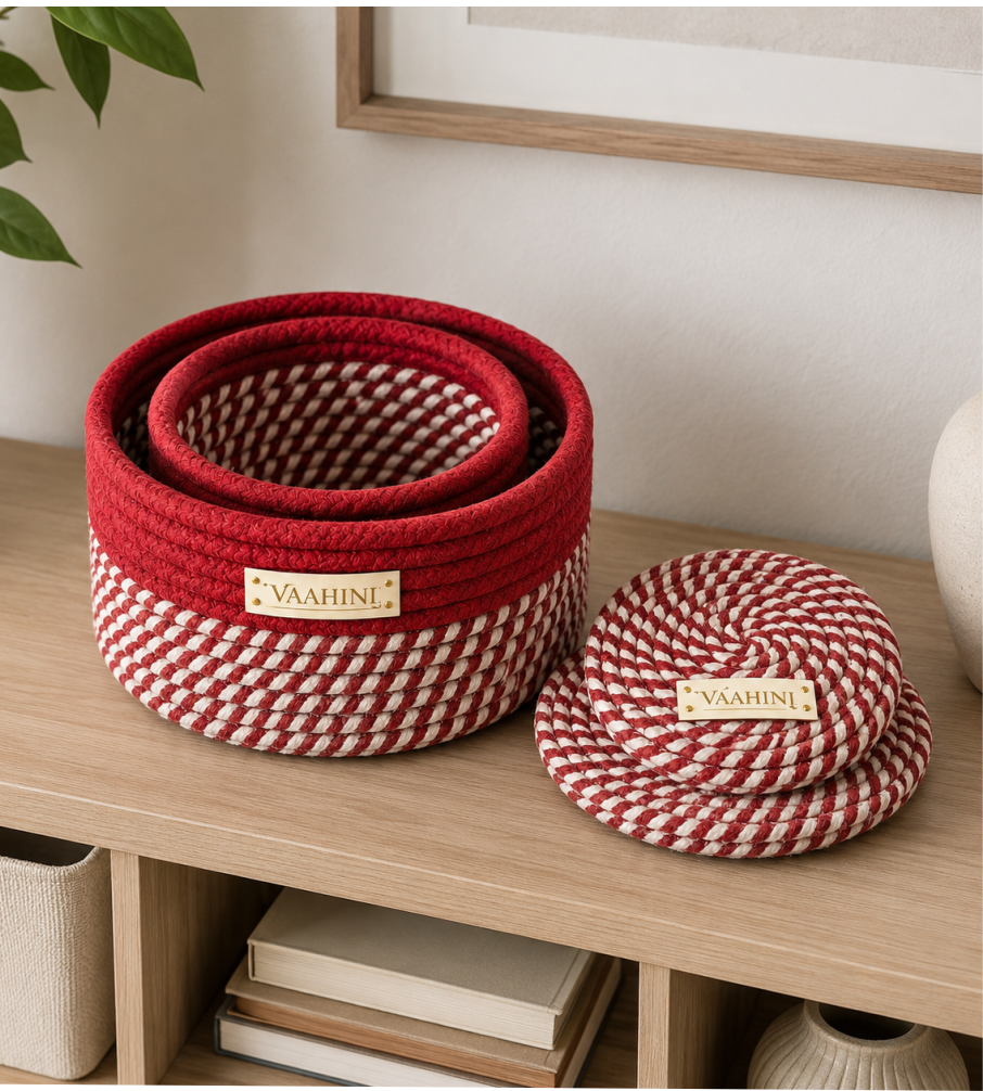 Vaahini Cotton Rope Combo Pack Storage Baskets with Lid