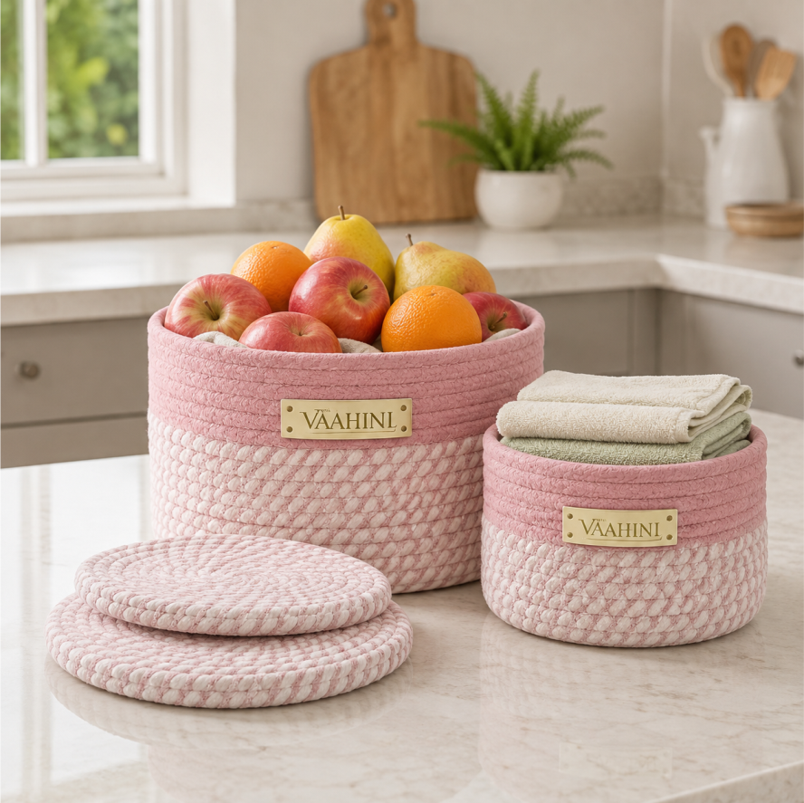 Vaahini Cotton Rope Combo Pack Storage Baskets with Lid - Pink