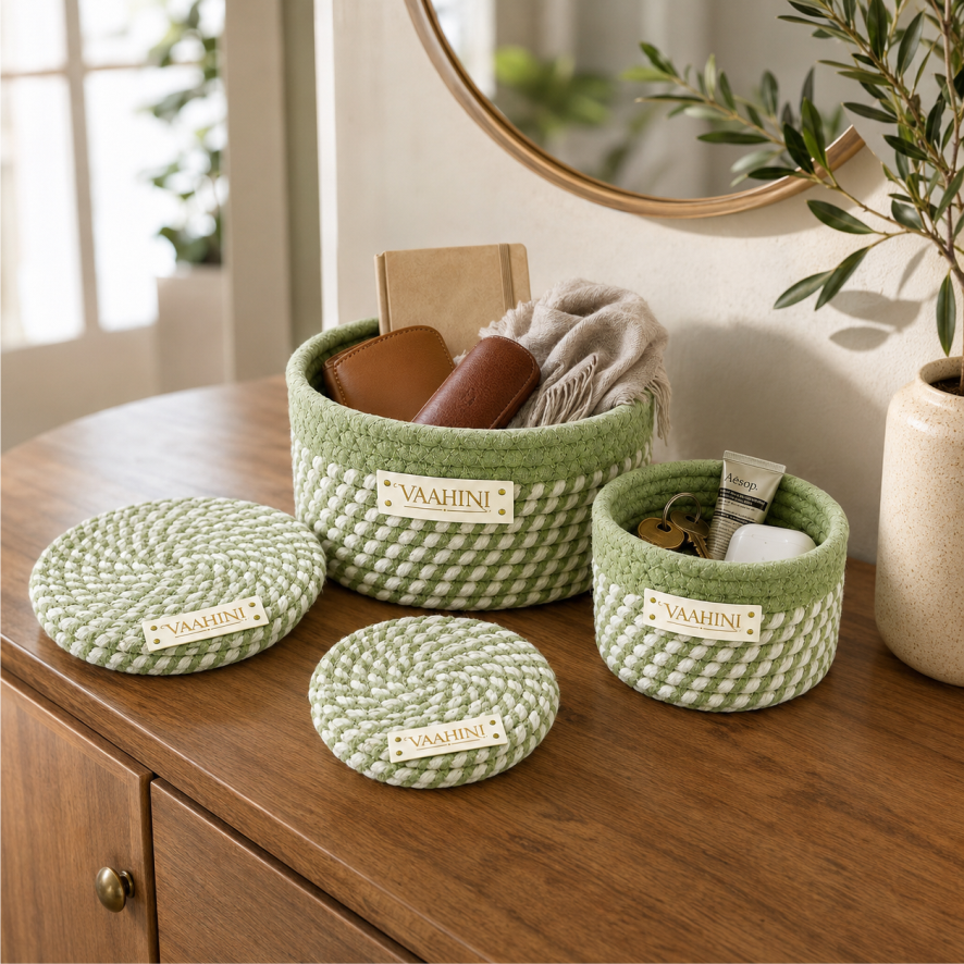 Vaahini Cotton Rope Combo Pack Storage Baskets with Lid | Pista Green