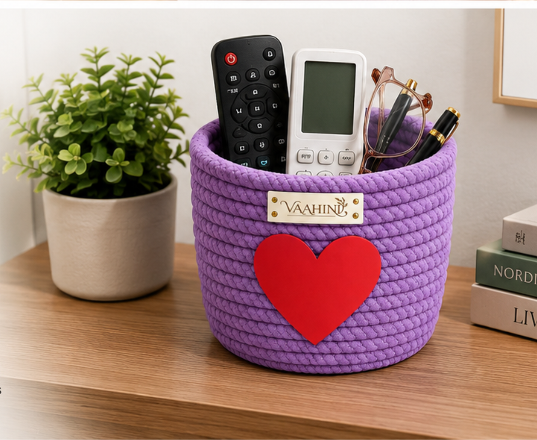 Vaahini Cotton Rope Gift Basket with Heart - Purple