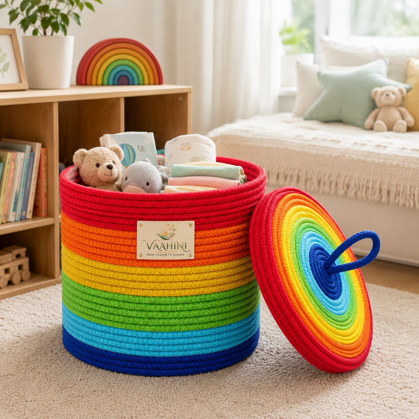 Vaahini Cotton Rope Multicolored Storage Basket cum Organiser
