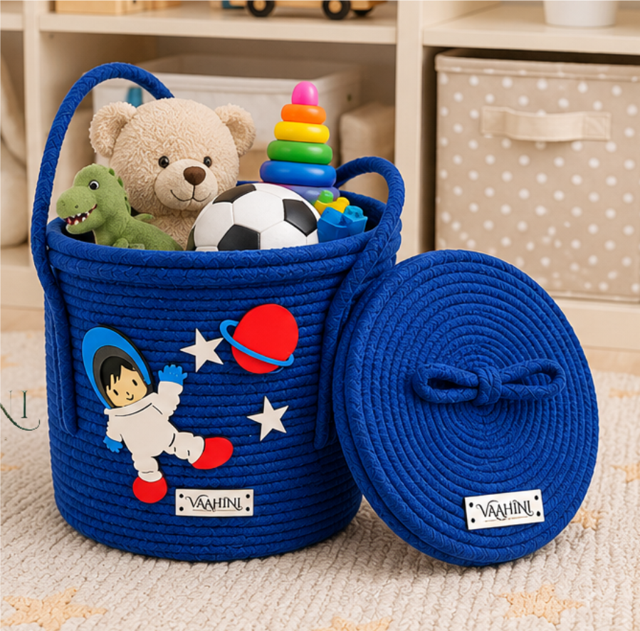 Vaahini Cotton Rope Kids Theme Handle Storage Basket With Lid - Astronaut (Blue)