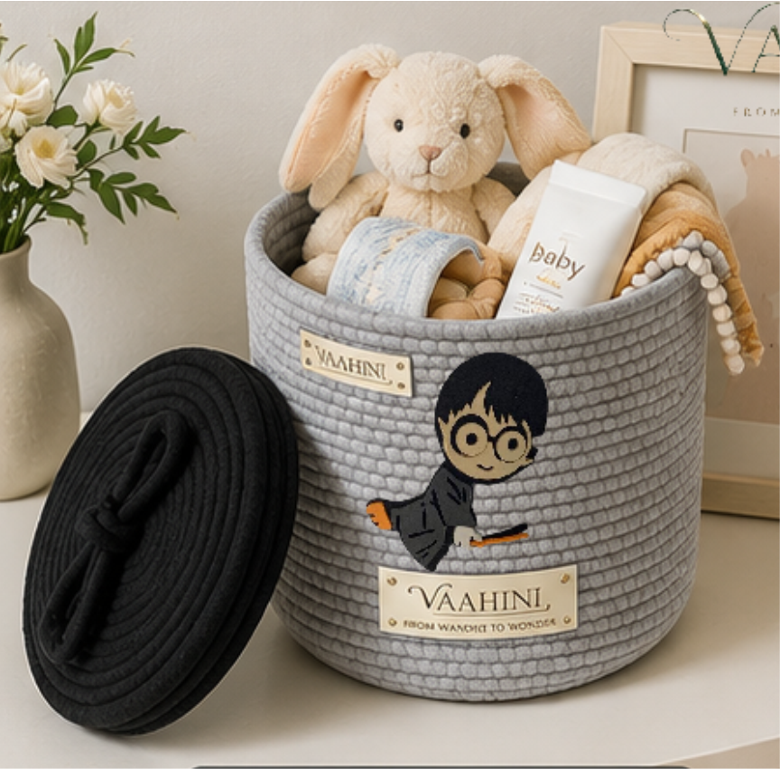 Vaahini Cotton Rope Kids Theme Handle Storage Basket With Lid - Boy (Black, Grey)