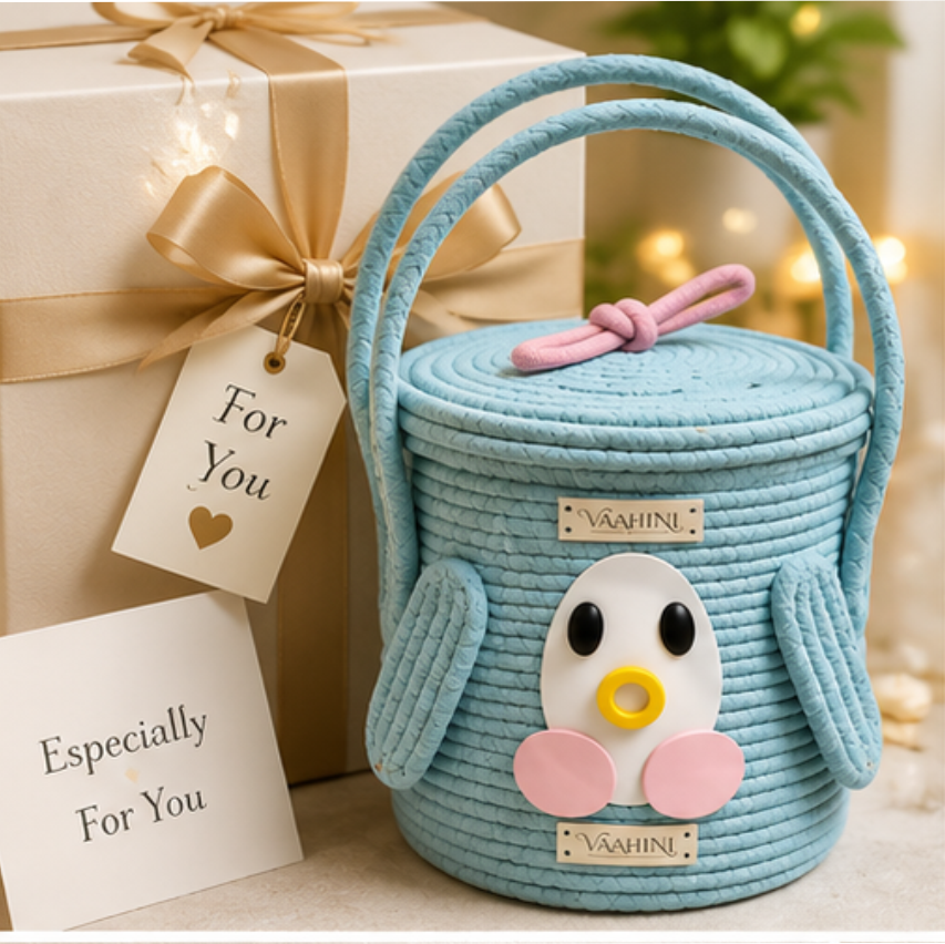 Vaahini Cotton Rope Kids Theme Handle Storage Basket With Lid - Penguin (Aqua)
