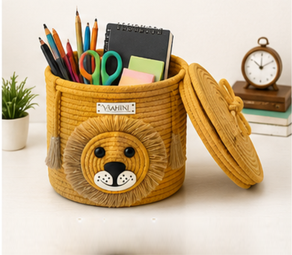 Vaahini Cotton Rope Kids Theme Handle Storage Basket With Lid - Lion (Beige)