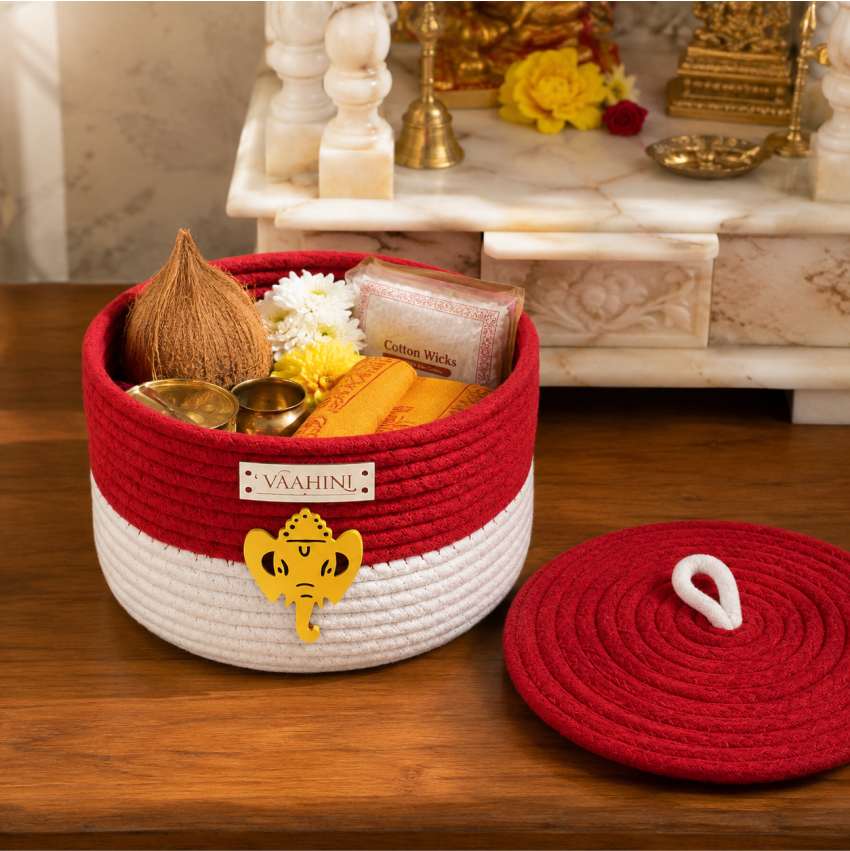 Vaahini Cotton Rope Dual Colored Ganpati Baskets with Lid for Temples