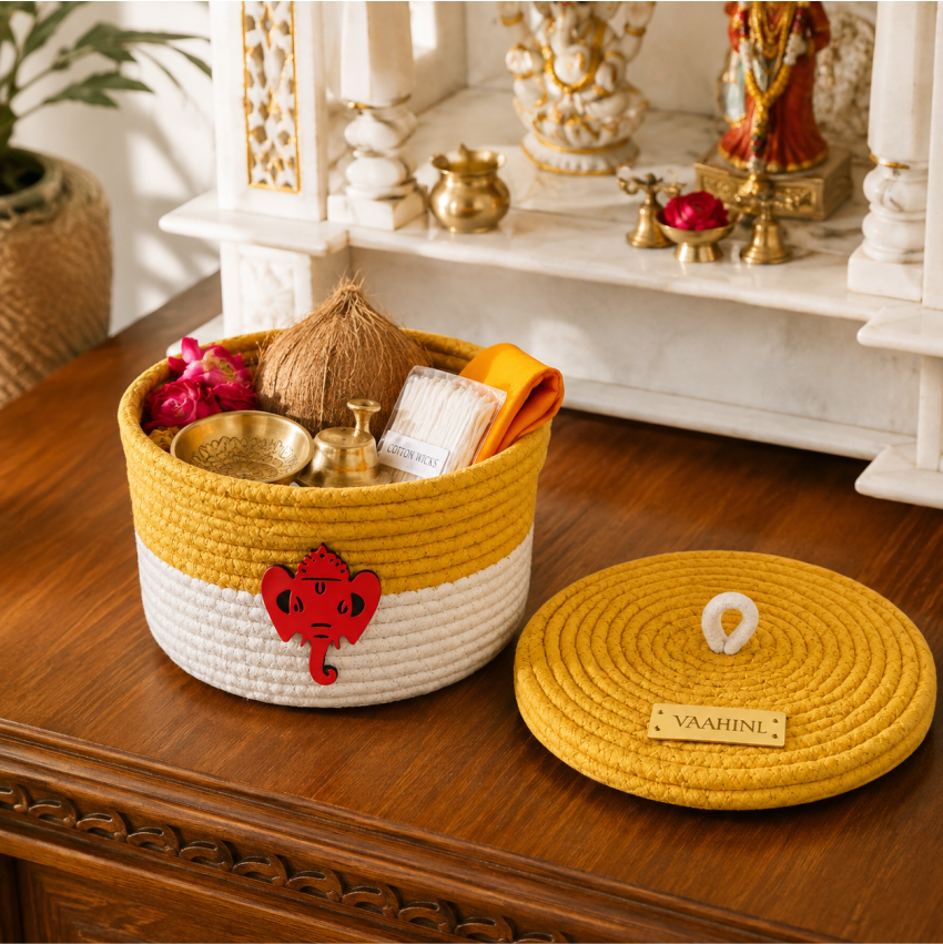 Vaahini Cotton Rope Dual Colored Ganpati Baskets with Lid for Temples