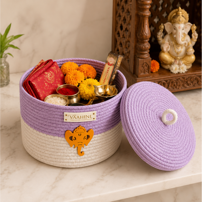 Vaahini Cotton Rope Dual Colored Ganpati Baskets with Lid for Temples