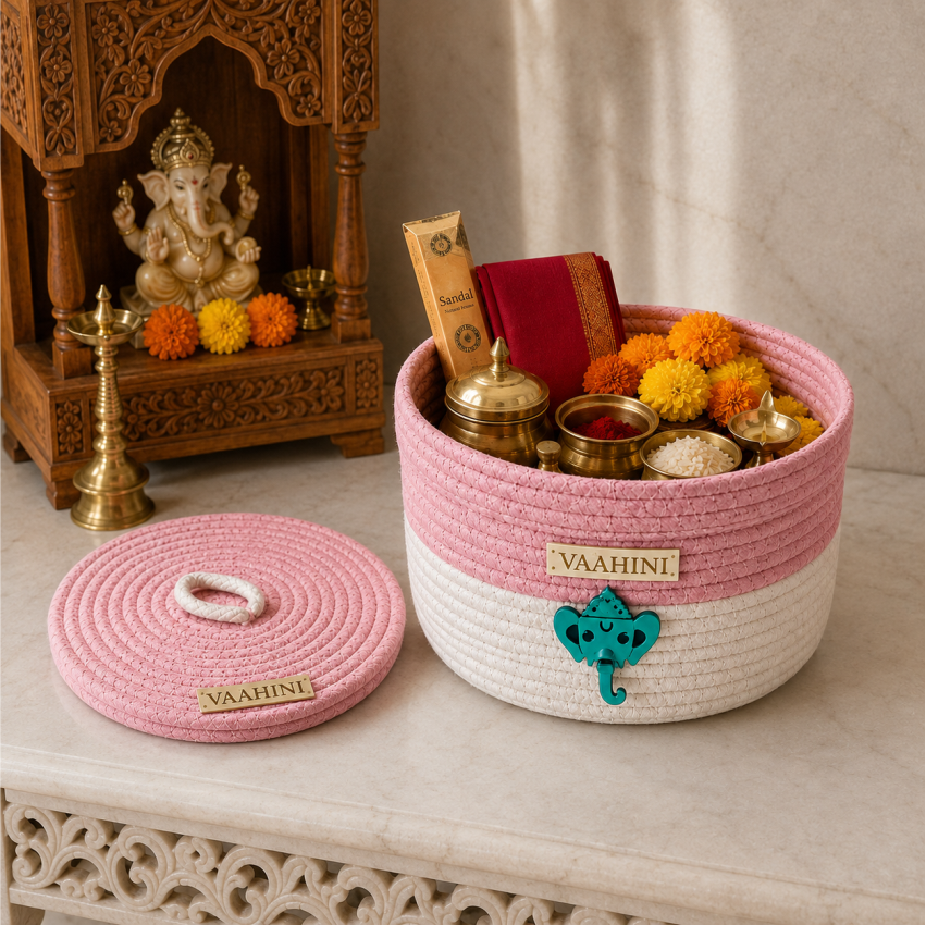 Vaahini Cotton Rope Dual Colored Ganpati Baskets with Lid for Temples