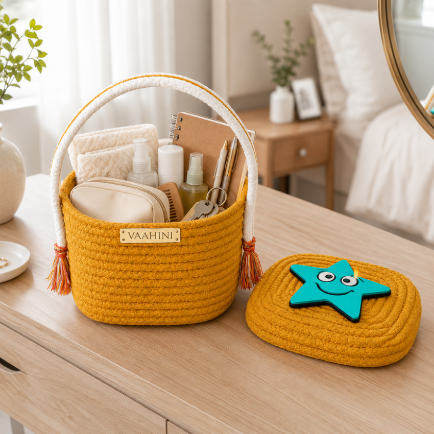Vaahini Cotton Rope Kids Themed Square Character Storage and Gift Handle Basket with Lid - Yellow
