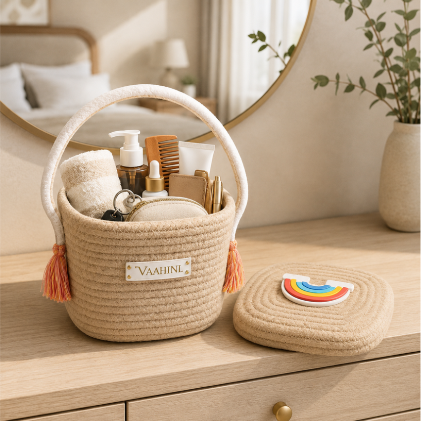 Vaahini Cotton Rope Kids Themed Square Character Storage and Gift Handle Basket with Lid
