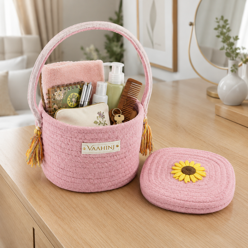 Vaahini Cotton Rope Kids Themed Square Character Storage and Gift Handle Basket with Lid