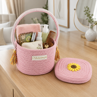 Vaahini Cotton Rope Kids Themed Square Character Storage and Gift Handle Basket with Lid
