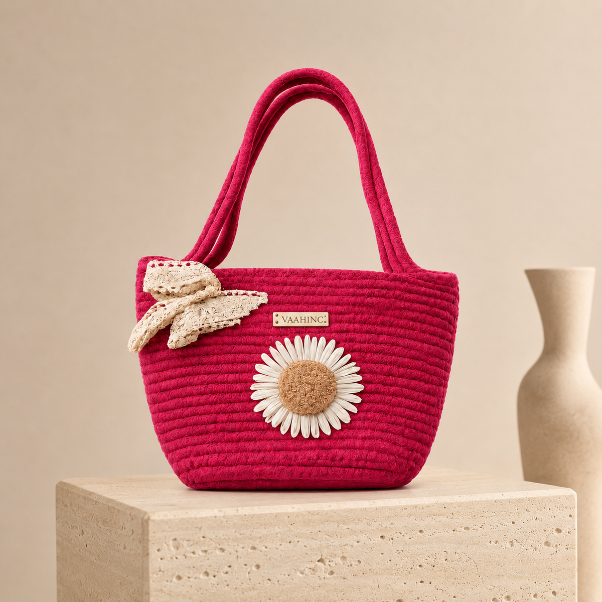 Vaahini Cotton Rope Daisy Handbag with Lace Bow