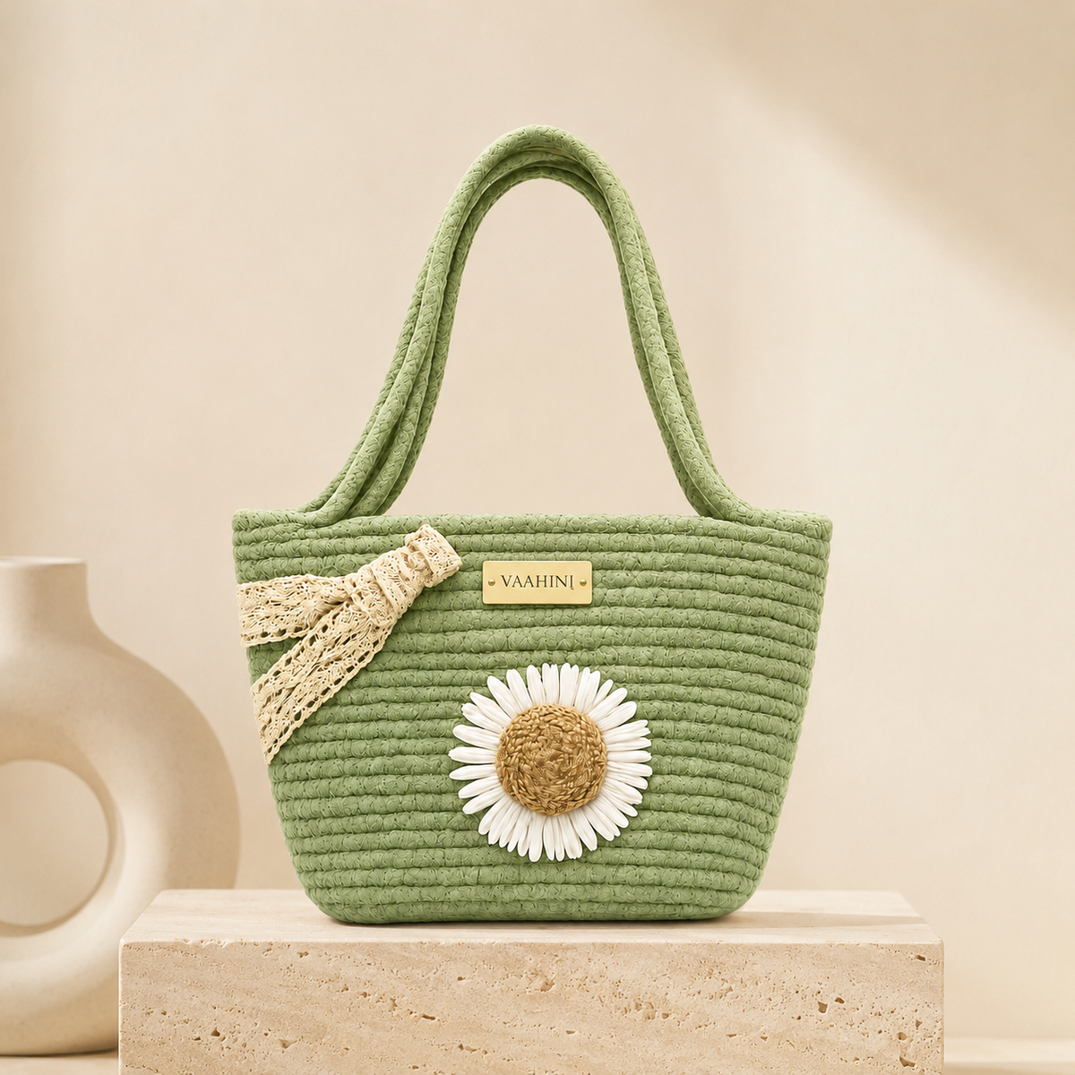 Vaahini Cotton Rope Daisy Handbag with Lace Bow