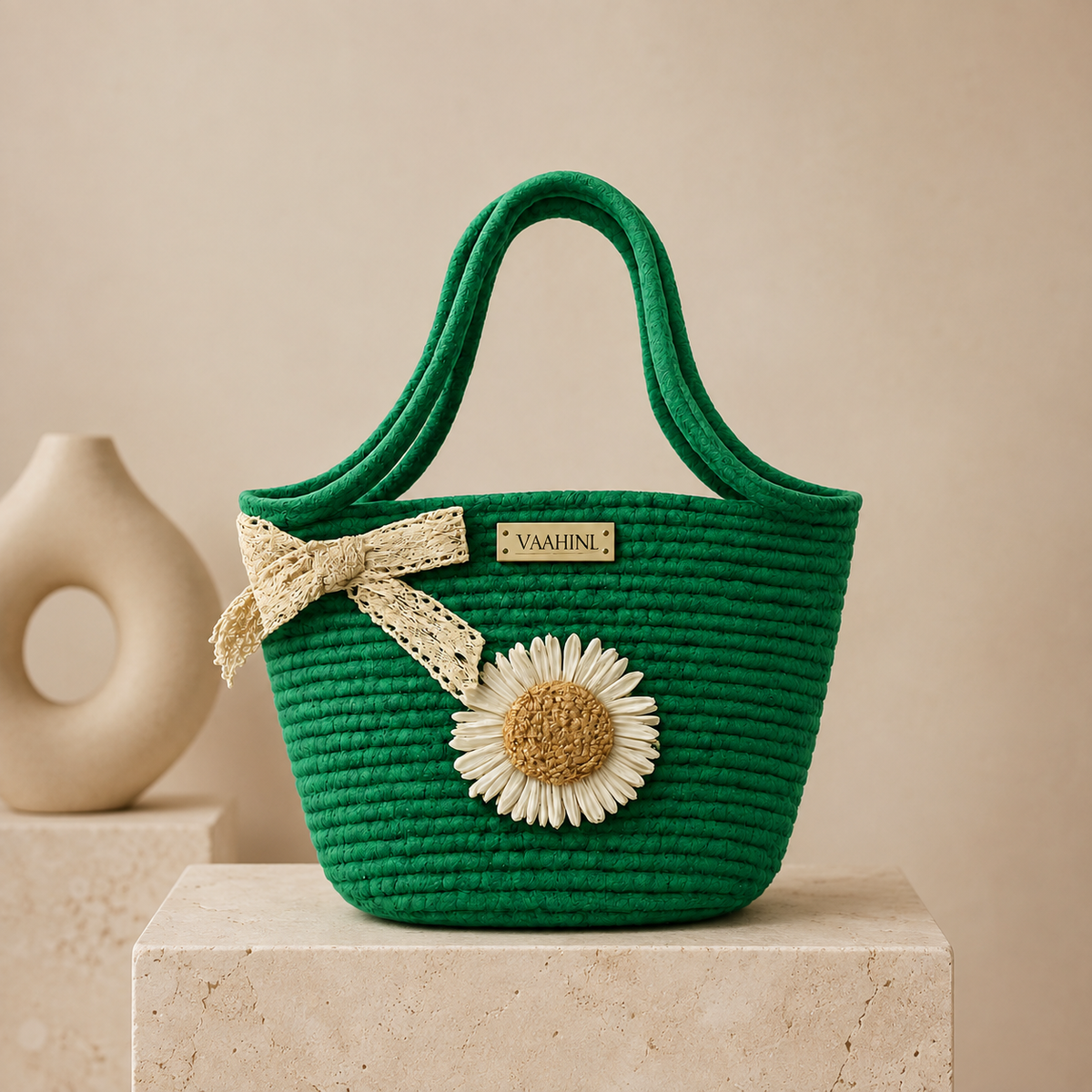 Vaahini Cotton Rope Daisy Handbag with Lace Bow