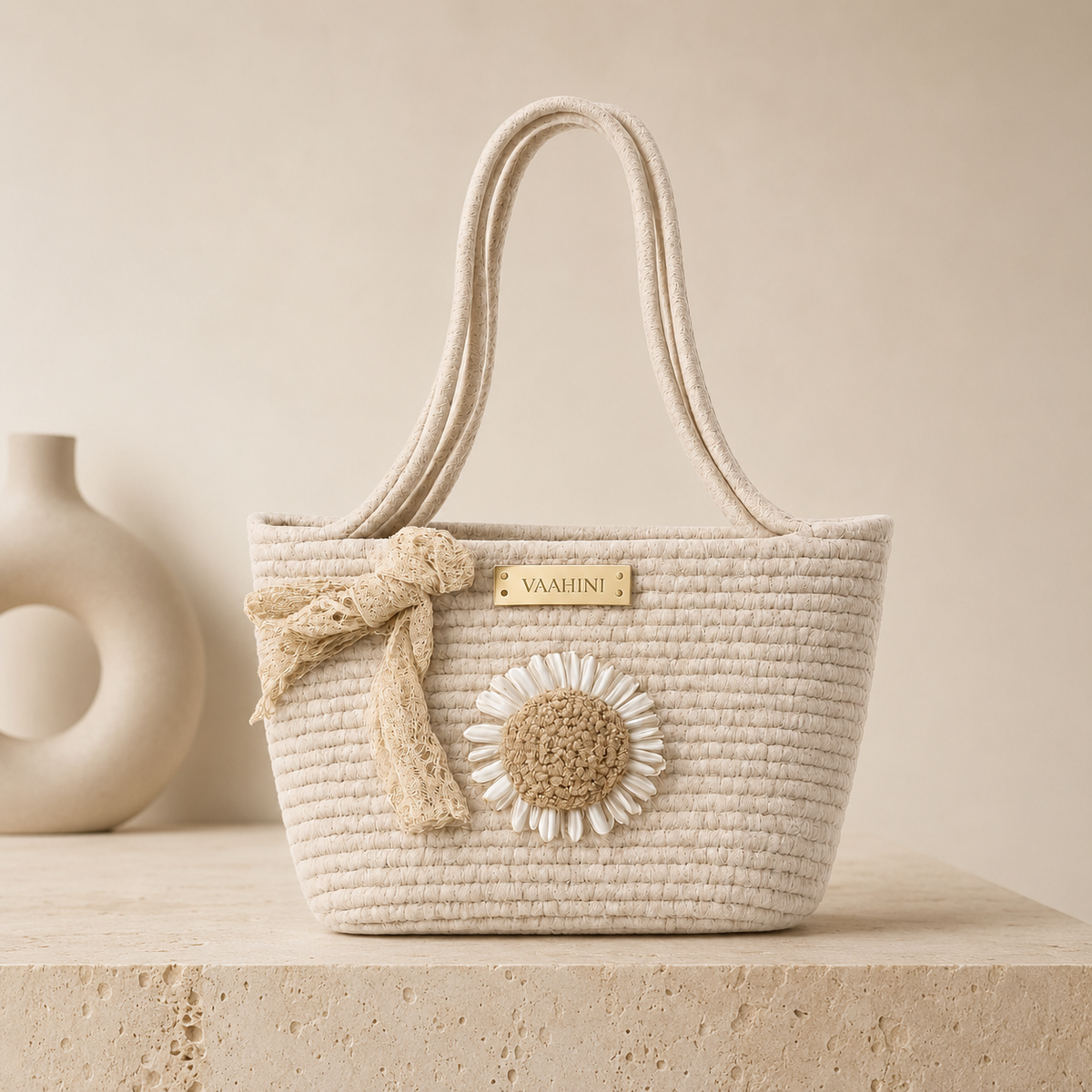 Vaahini Cotton Rope Daisy Handbag with Lace Bow