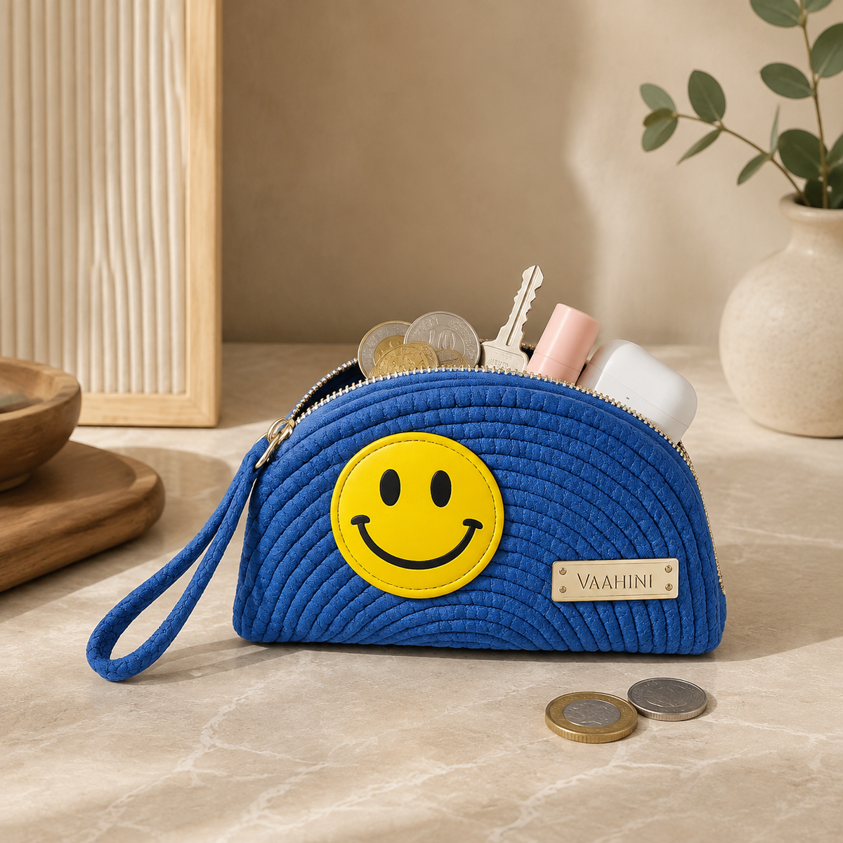 Vaahini Cotton Rope Smiley Coin Pouch - Blue