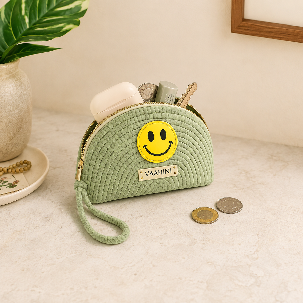 Vaahini Cotton Rope Smiley Coin Pouch - Pista