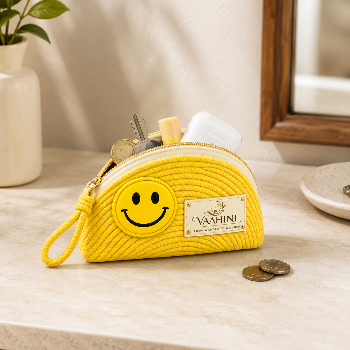 Vaahini Cotton Rope Smiley Coin Pouch - Yellow