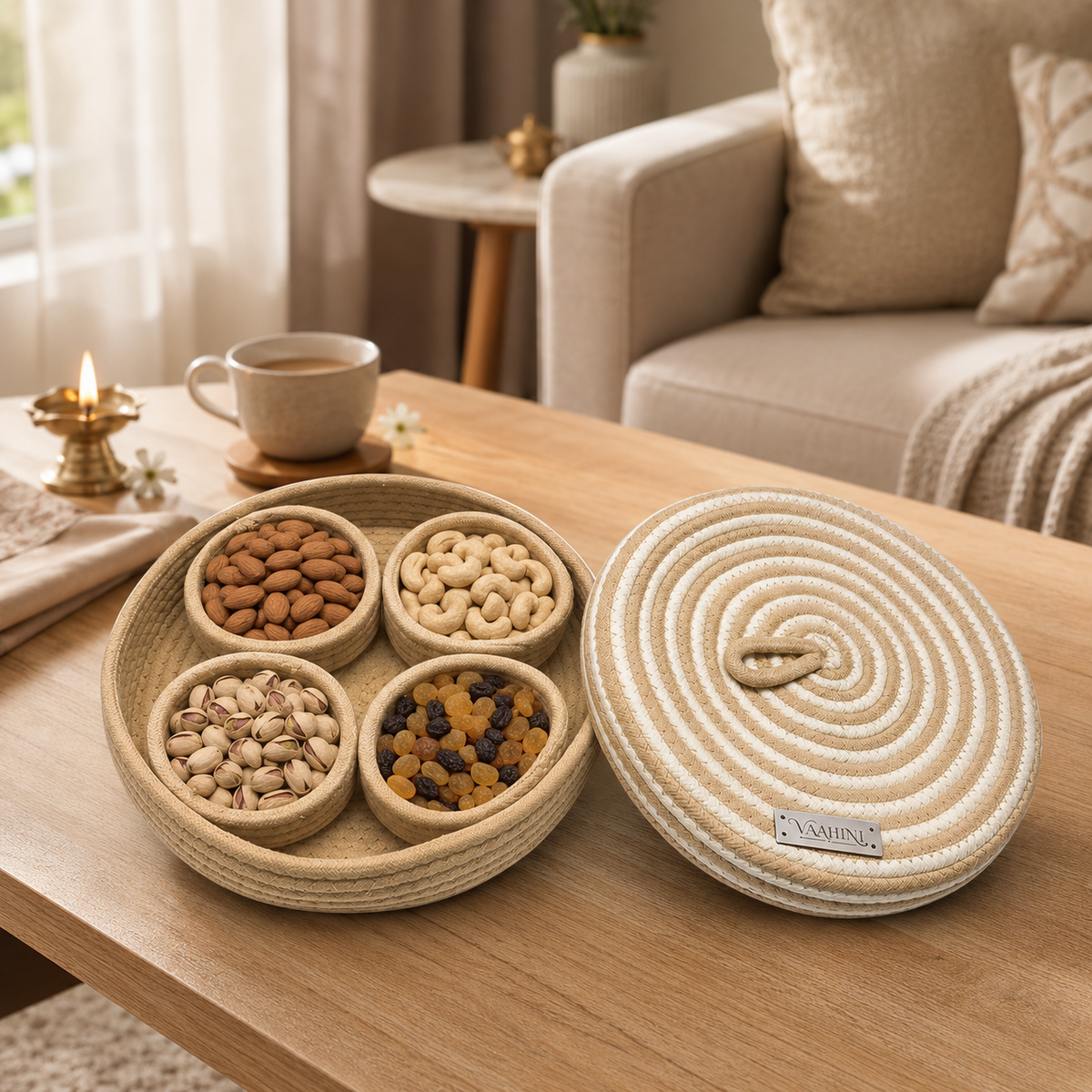 Handmade cotton rope dry fruit basket with lid, beige and white, with 4 compartment bowls filled with almonds, cashews, pistachios, and raisins