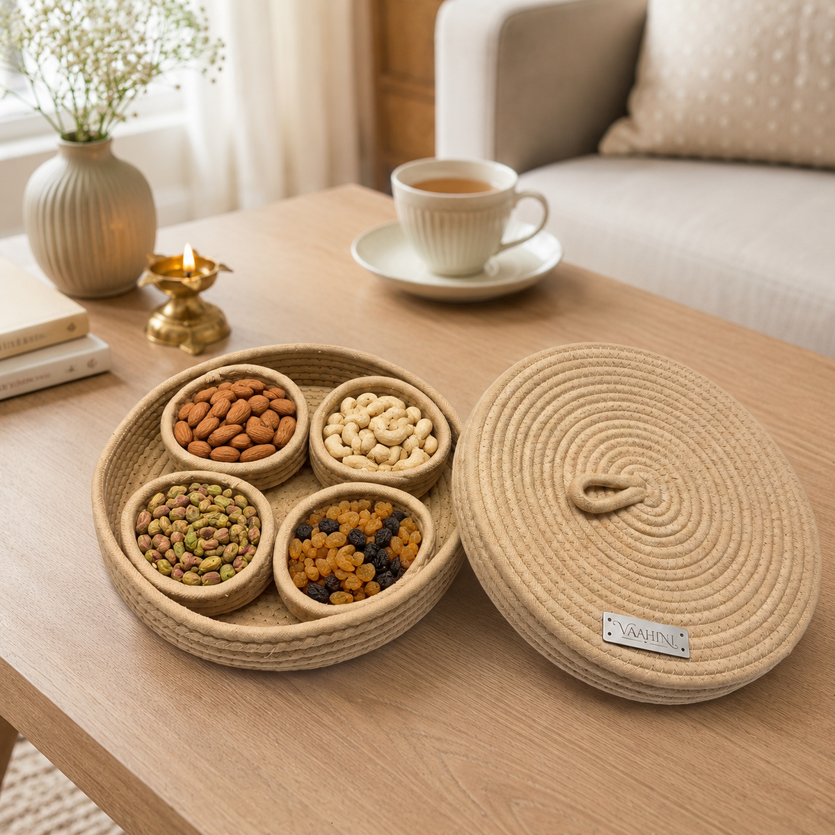 APRAHA VH-23 Dry Fruit Basket in Beige with 4 nested bowls filled with almonds, cashews, pistachios and raisins, lid placed beside
