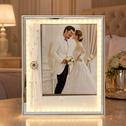 Warmly lit silver portrait frame with sheer fabric drape and LED border