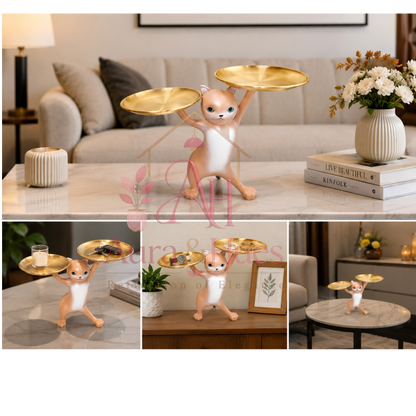 Decorative Cat Figurine with Dual Metal Serving Trays